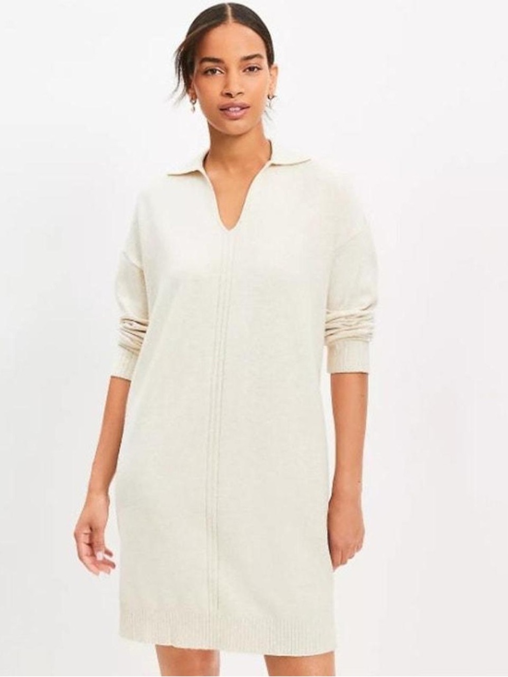 LOFT Cream V‑Neck Knit Sweater Dress